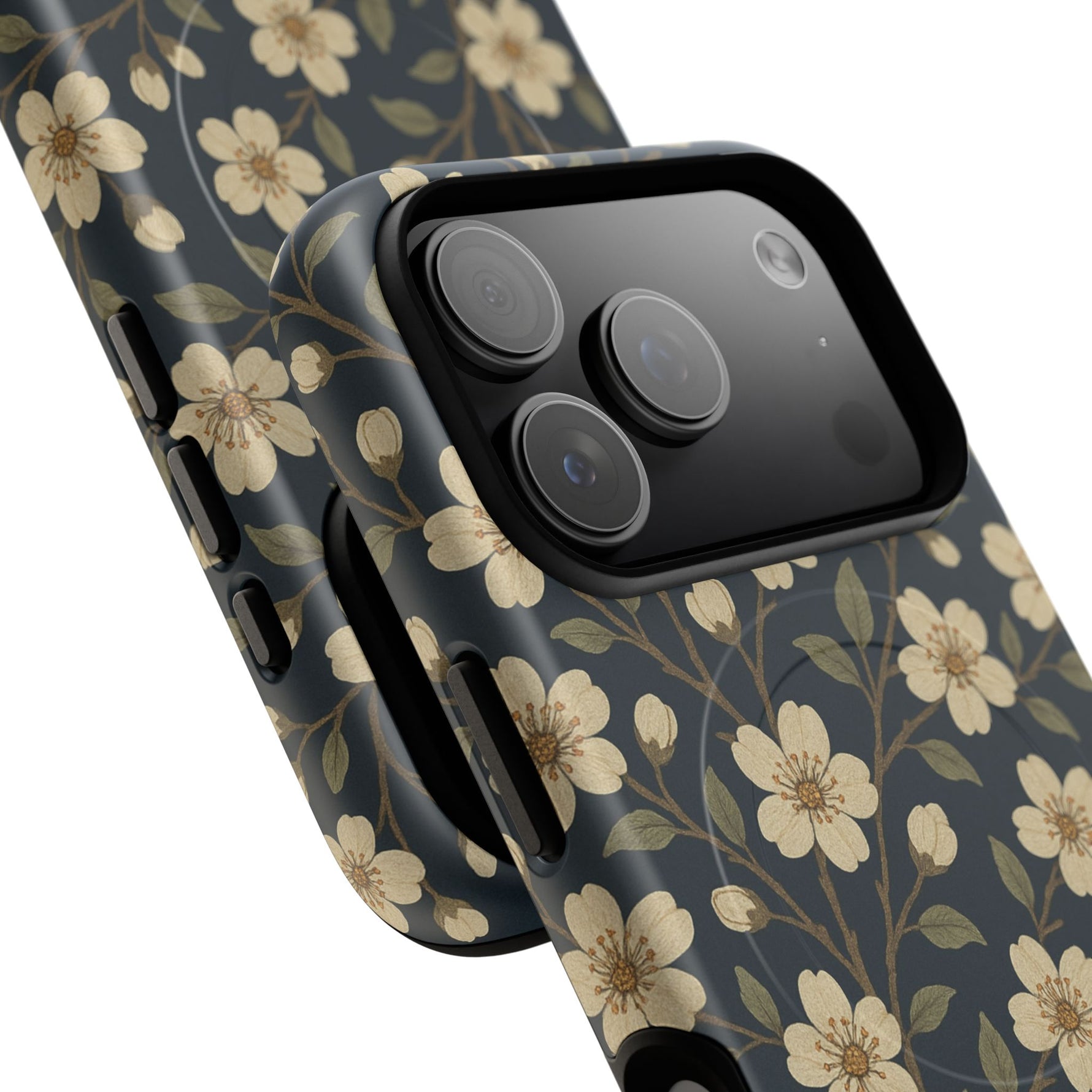 Navy Cherry Blossom Floral iPhone Case - Compatible with MagSafe - Shamo's