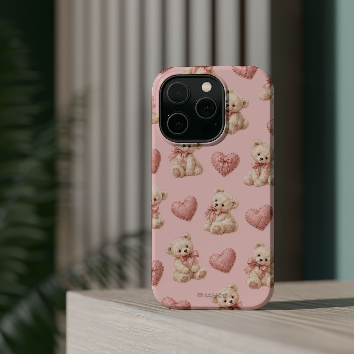 Pink Teddy Hearts Love iPhone Case, Impact-Resistant MagSafe Compatible