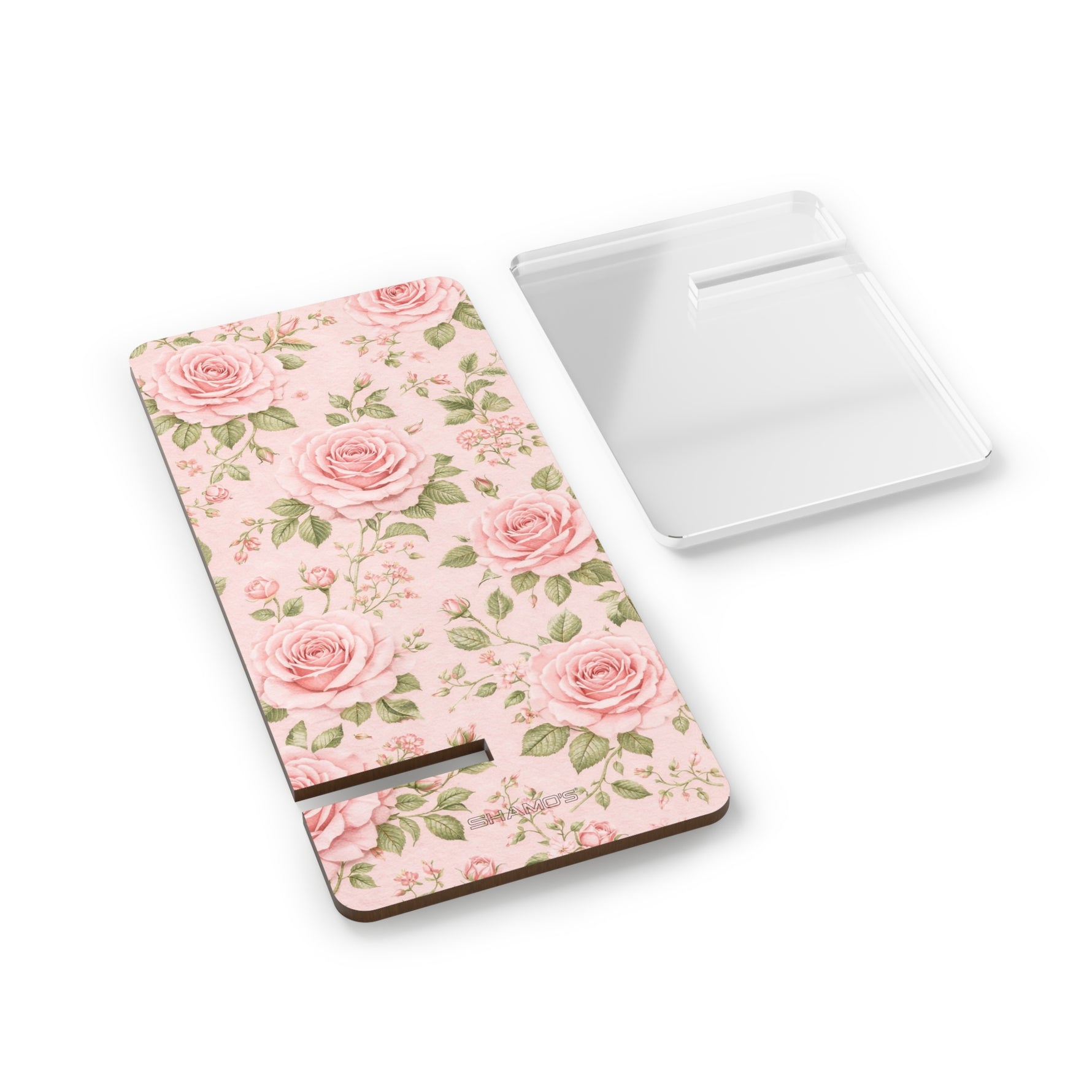 Floral Rose Phone Stand, Pink Vintage Rose Mobile Display Stand - 2.8" x 5.9" / Glossy - Shamo's