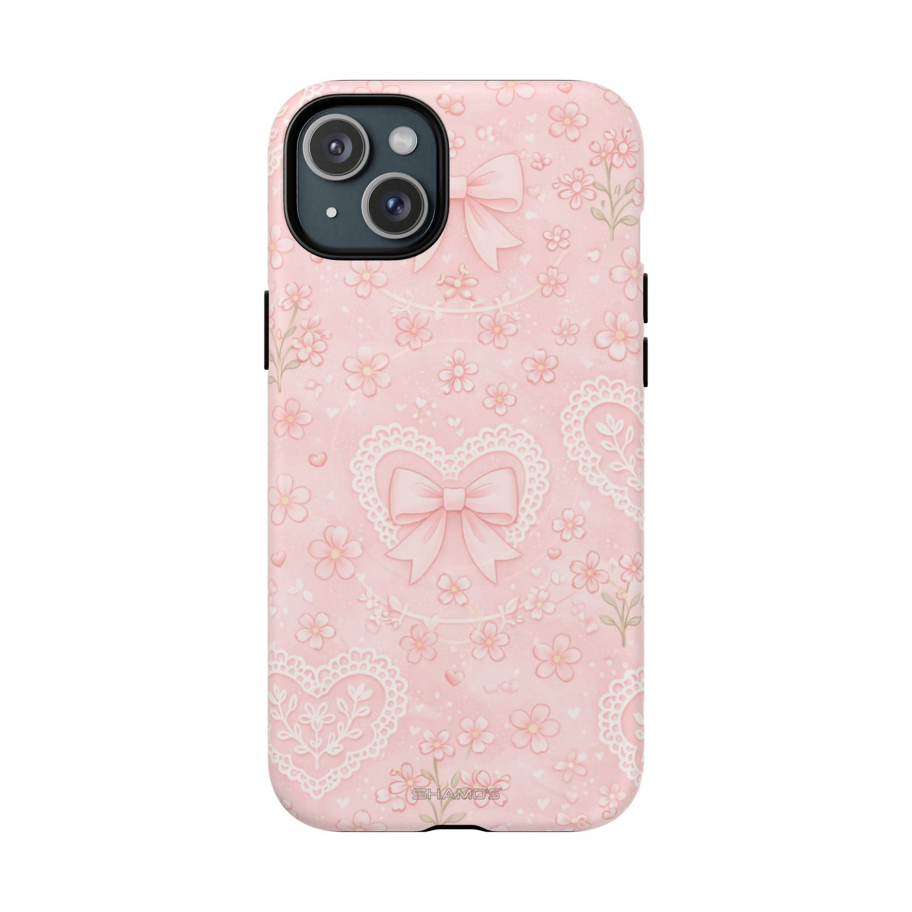 Balletcore Pink Floral Lace iPhone Case with Bow | Works with MagSafe - iPhone 15 Plus / Matte - Shamo's