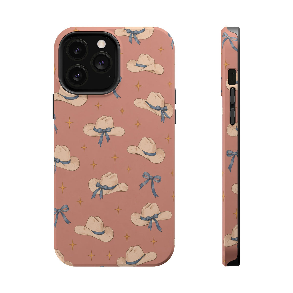Ribbon Rodeo – Cowgirl Hat and Bow MagSafe Phone Case, Pink, glossy iPhone 13 Pro Max, rear and side profile