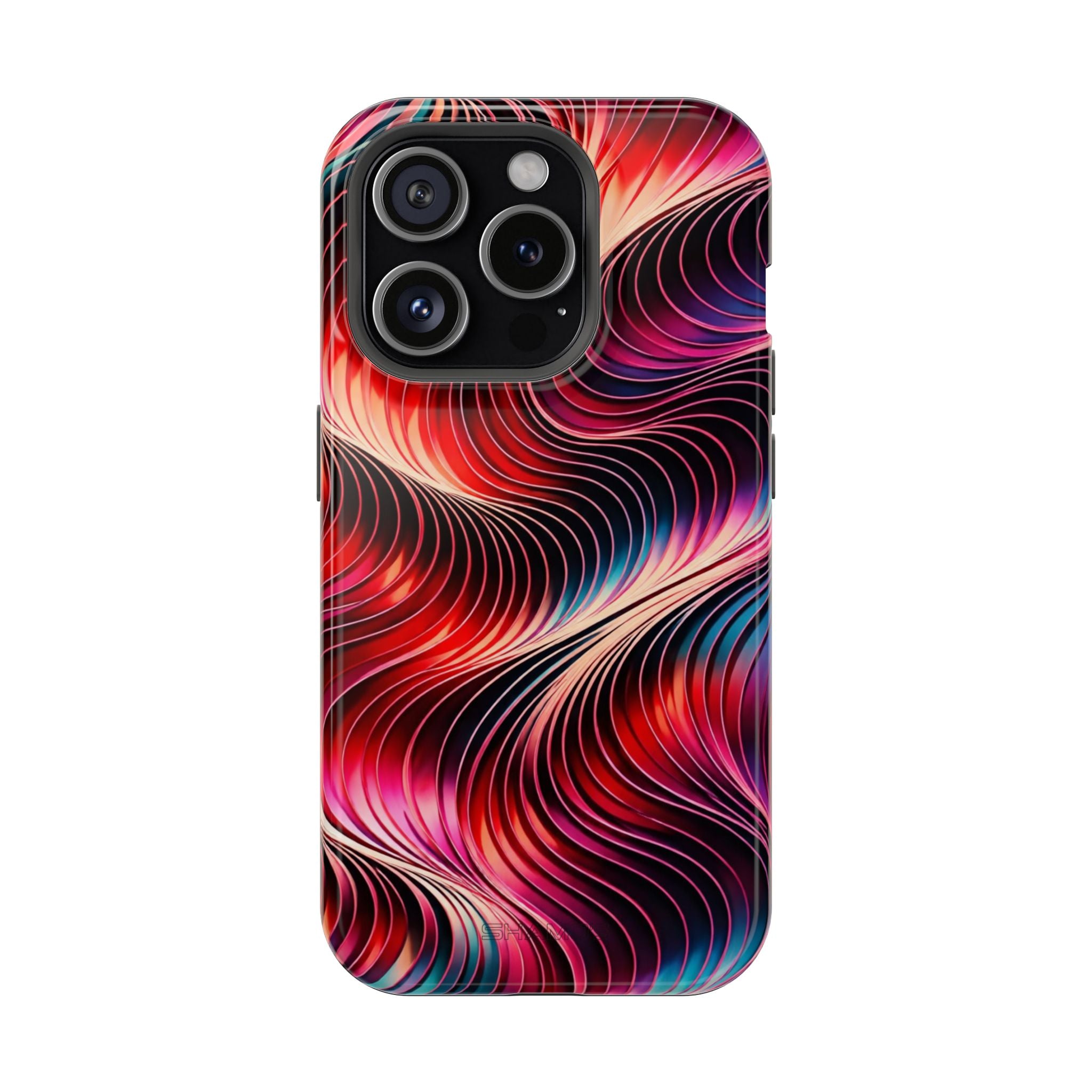 Phone case with flowing red, pink, purple, and blue lines on a black background