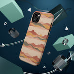 Sunset Trails – Desert Landscape MagSafe Phone Case, glossy diagonal dual-camera model, rear view with magnetic accessories