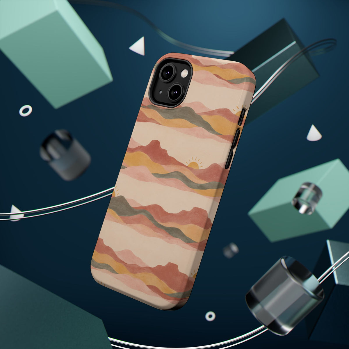 Sunset Trails – Desert Landscape MagSafe Phone Case, glossy diagonal dual-camera model, rear view with magnetic accessories