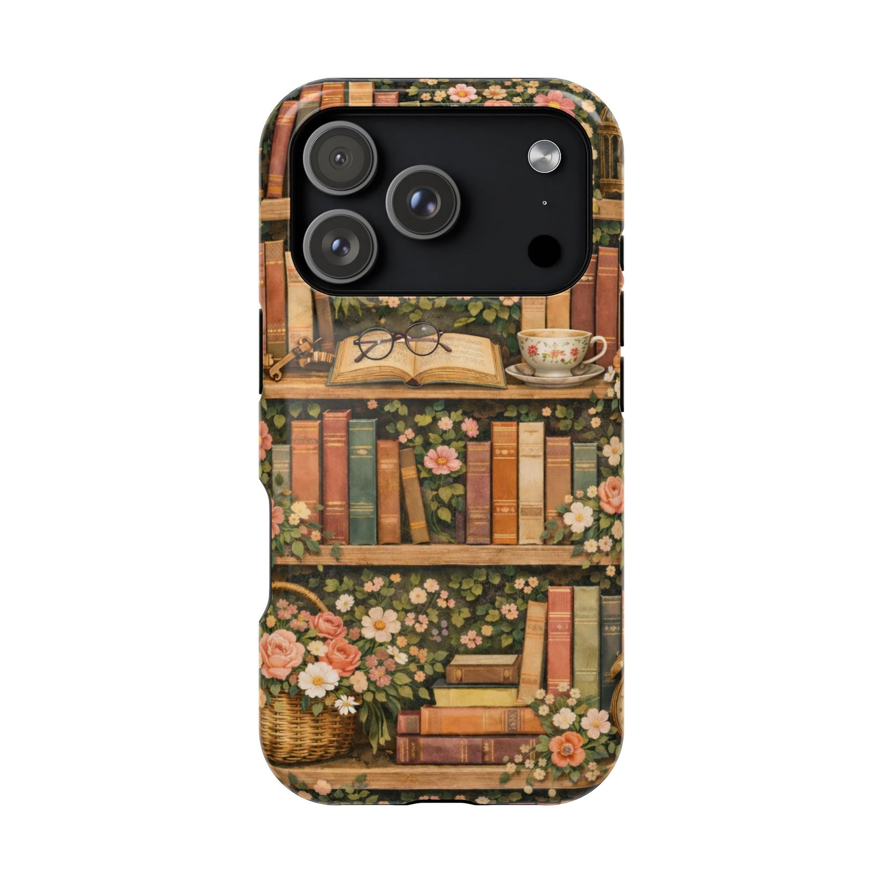 Floral Bookshelf iPhone Case — MagSafe Magnetic, Impact-Resistant