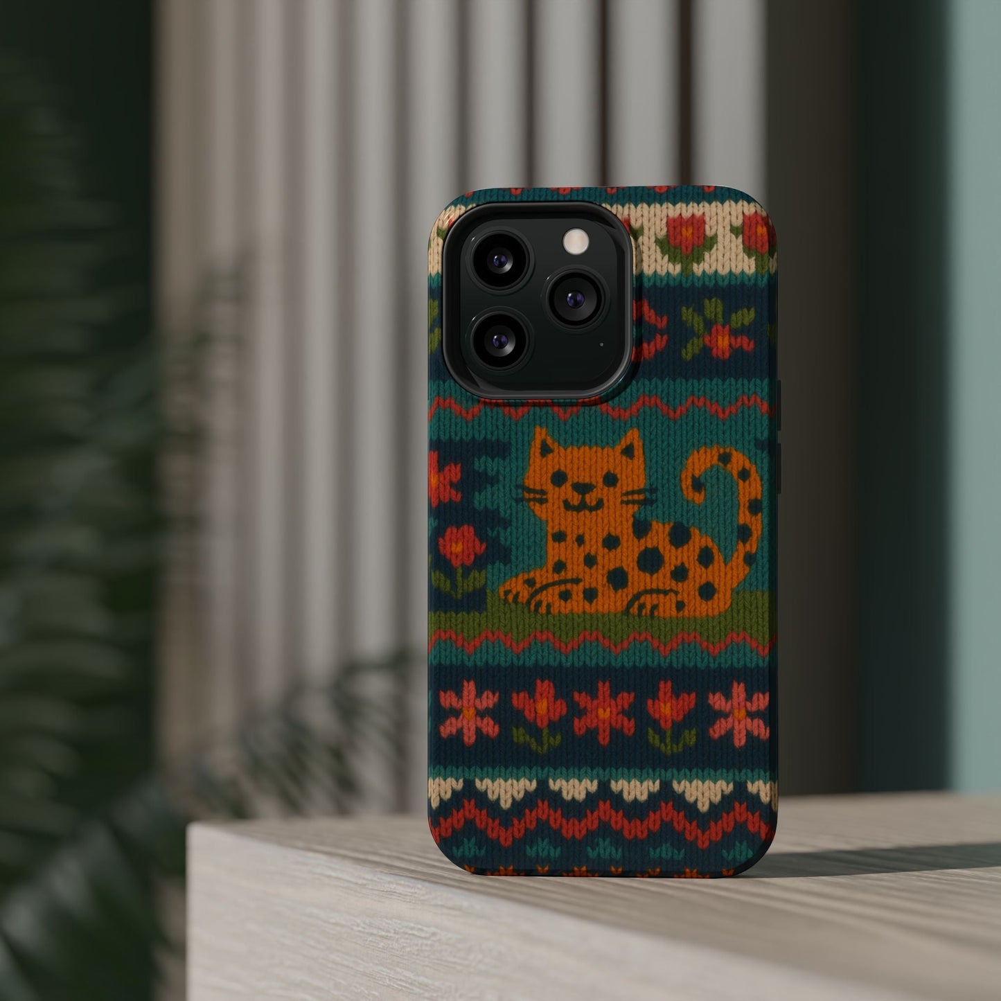 Cozy Knit Leopard Pattern Sweater Holiday Theme iPhone Case with MagSafe compatibility