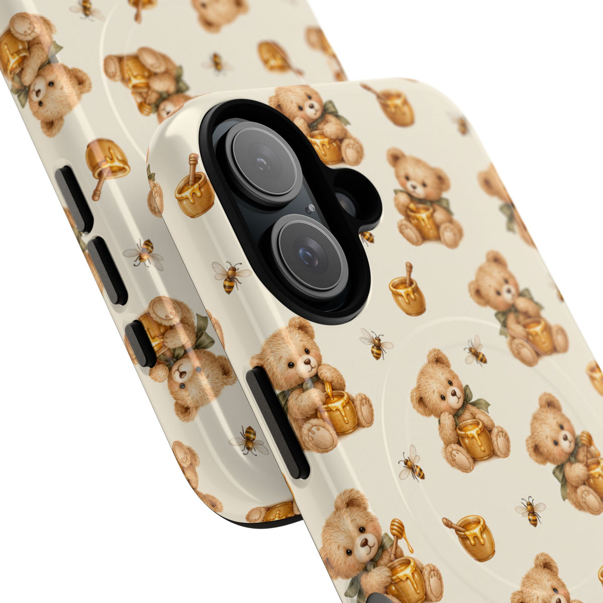 Honingknuffelbeer iPhone-hoesje — ontwerp met gele bij en honingpot met MagSafe