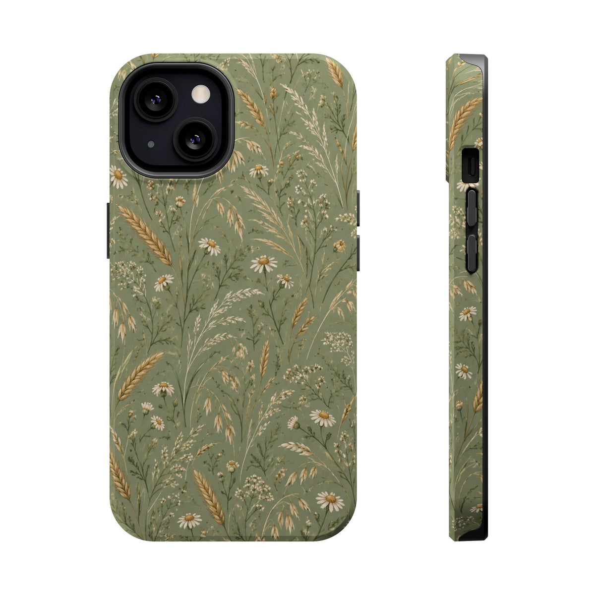 Golden Meadow – Sage Green Wildflower MagSafe Phone Case, glossy iPhone 13, rear and side profile