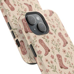 Floral Boots MagSafe Phone Case, glossy diagonal dual-camera model, camera and side-button close-up