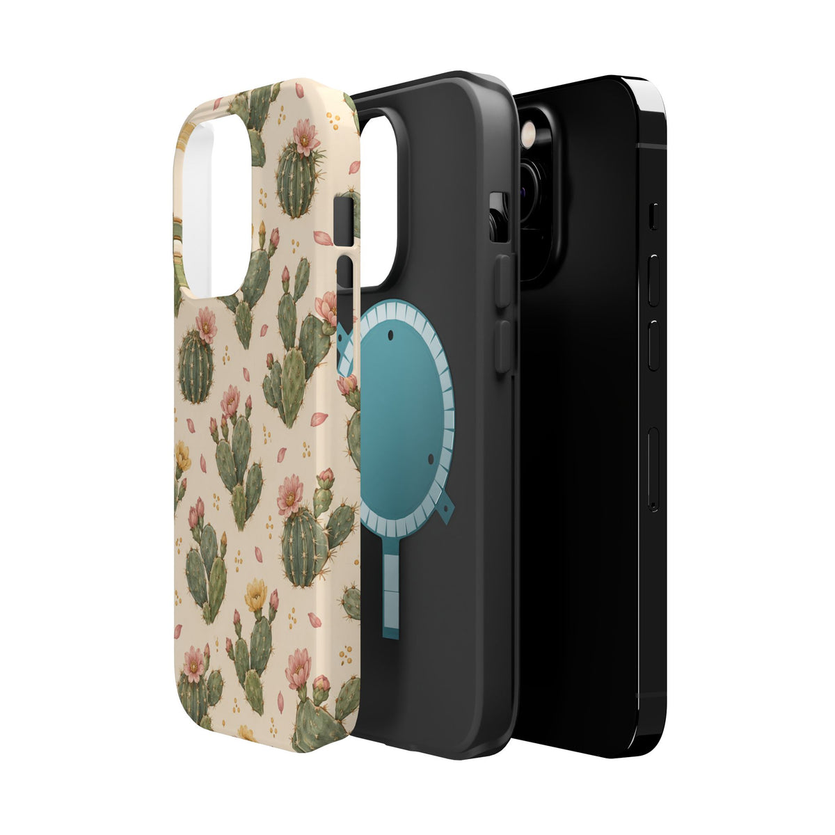 Cactus Bloom – Sage Green Floral Cactus MagSafe Phone Case, glossy square triple-camera Pro model, exploded shell and liner with magnetic ring