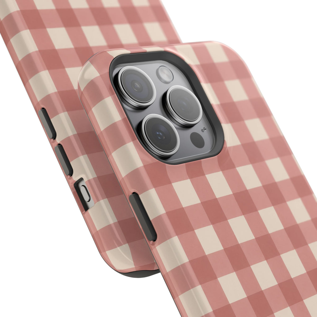 Prairie Gingham MagSafe Phone Case, glossy square triple-camera Pro model, camera and side-button close-up