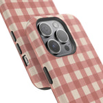 Prairie Gingham MagSafe Phone Case, glossy square triple-camera Pro model, camera and side-button close-up