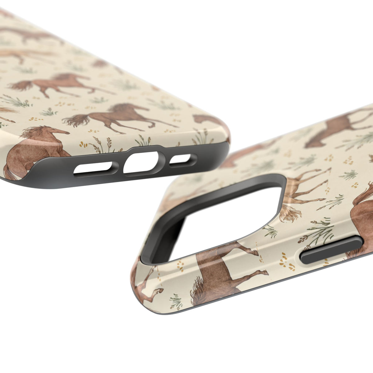 Wild Mustangs – Western Horse Pattern MagSafe Phone Case, glossy square triple-camera Pro model, port openings and edge details