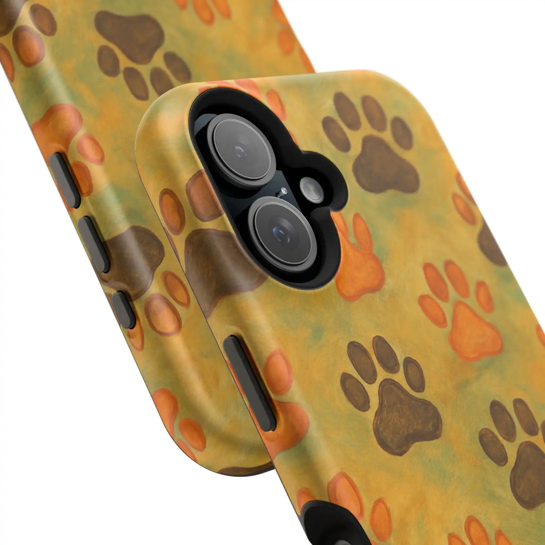 Two dog paw print patterned phone cases in yellow and orange, showing different sizes side by side