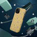 Honey Paisley MagSafe Phone Case, glossy diagonal dual-camera model, rear view with magnetic accessories