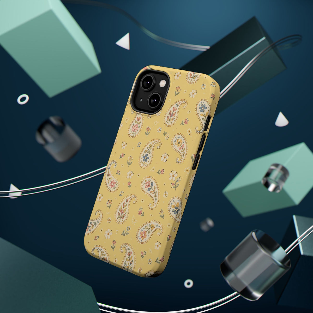 Honey Paisley MagSafe Phone Case, glossy diagonal dual-camera model, rear view with magnetic accessories