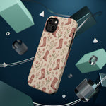 Floral Boots MagSafe Phone Case, glossy diagonal dual-camera model, rear view with magnetic accessories
