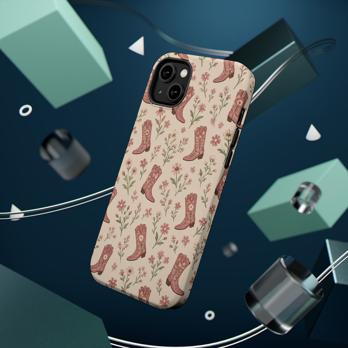 Floral Boots MagSafe Phone Case, glossy diagonal dual-camera model, rear view with magnetic accessories
