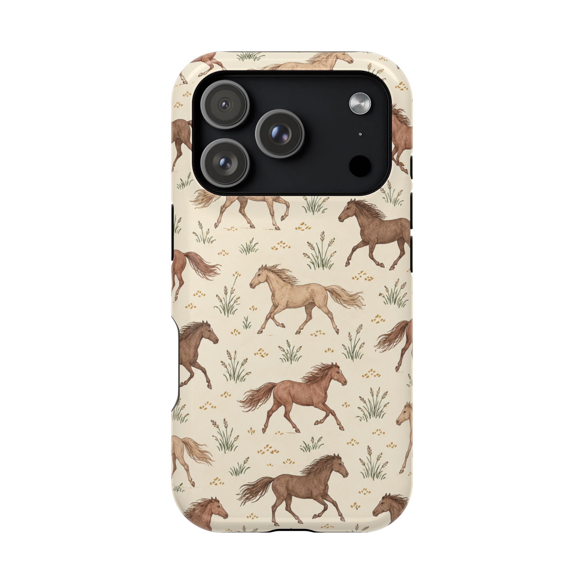 Wild Mustangs – Western Horse Pattern MagSafe Phone Case, glossy iPhone 18 Pro, rear view