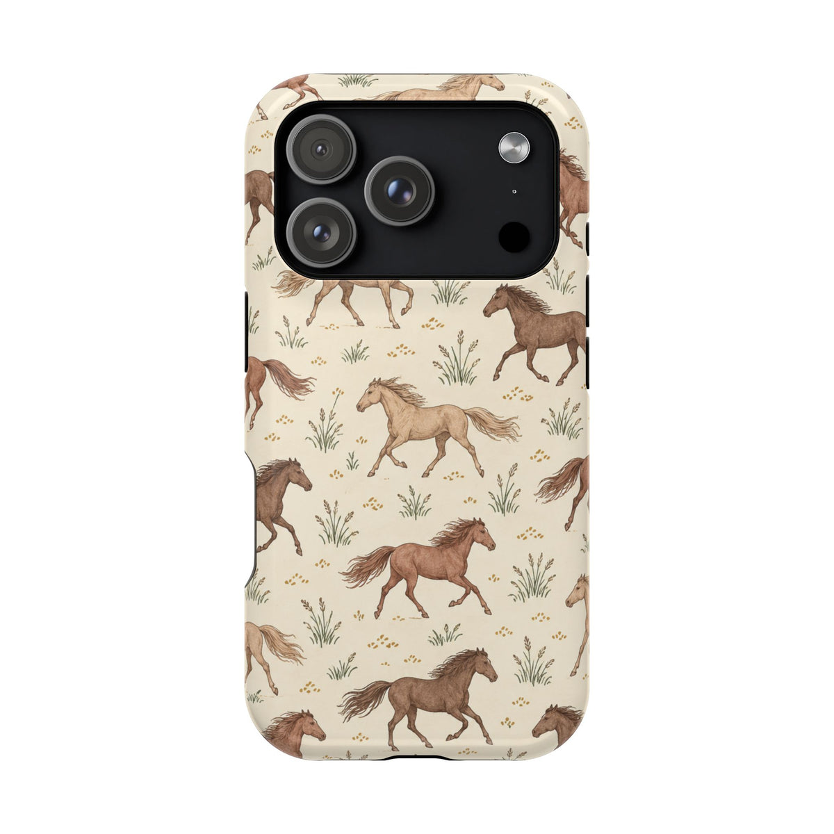 Wild Mustangs – Western Horse Pattern MagSafe Phone Case, glossy iPhone 18 Pro, rear view