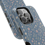 Denim Wildflowers MagSafe Phone Case, glossy square triple-camera Pro model, camera and side-button close-up