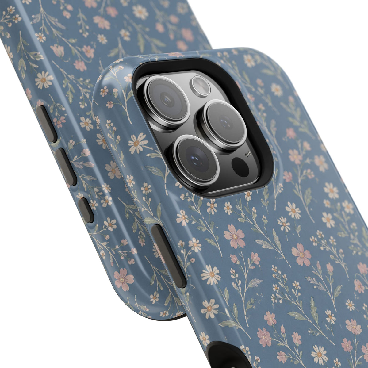 Denim Wildflowers MagSafe Phone Case, glossy square triple-camera Pro model, camera and side-button close-up