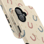 Prairie Horseshoes MagSafe Phone Case, glossy vertical dual-camera model, camera and side-button close-up