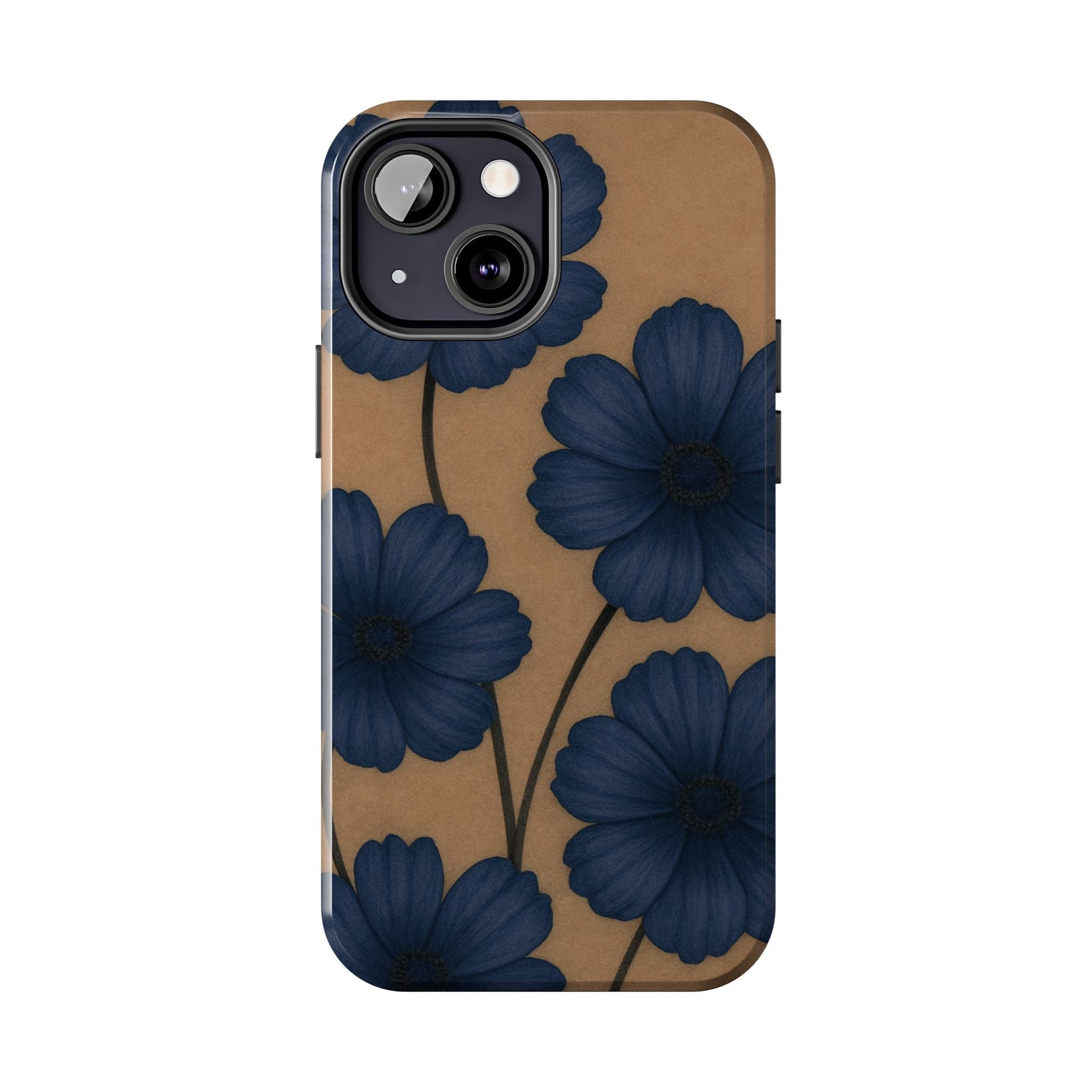 Navy Floral Tough iPhone Case — Durable Protective Case with Blue Flowers on Kraft Background  Shamo's