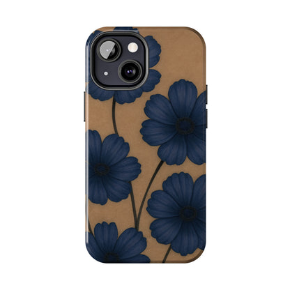 Navy Floral Tough iPhone Case — Durable Protective Case with Blue Flowers on Kraft Background