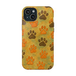 iPhone case medium size with orange and brown paw prints pattern on yellow background