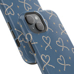 Lasso Hearts – Blue Western Heart MagSafe Phone Case, glossy diagonal dual-camera model, camera and side-button close-up