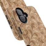 Saddle Scrolls – Tan Western Scrollwork MagSafe Phone Case, glossy vertical dual-camera model, camera and side-button close-up
