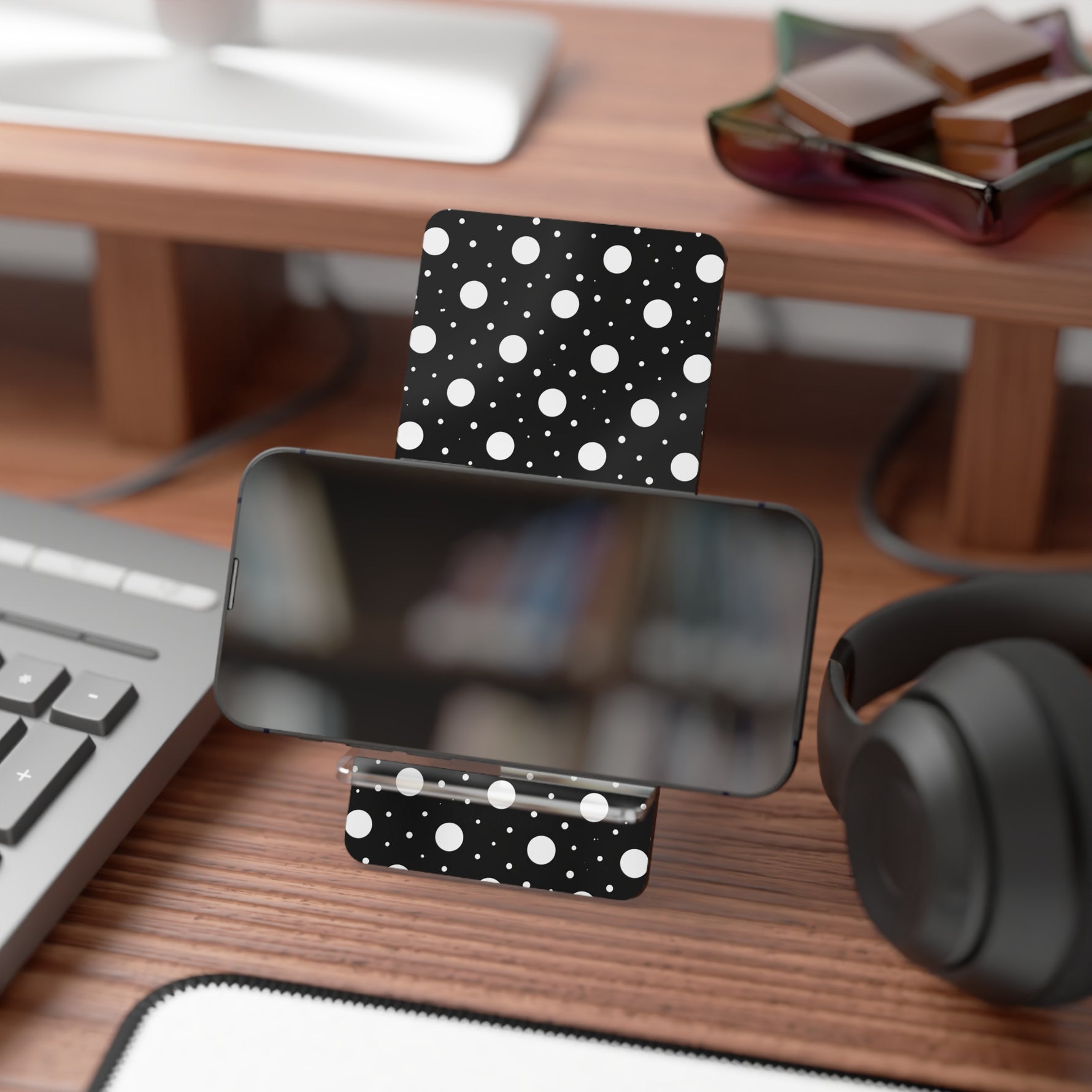 Polka Dot Phone Stand — Black & White Mobile Display Stand