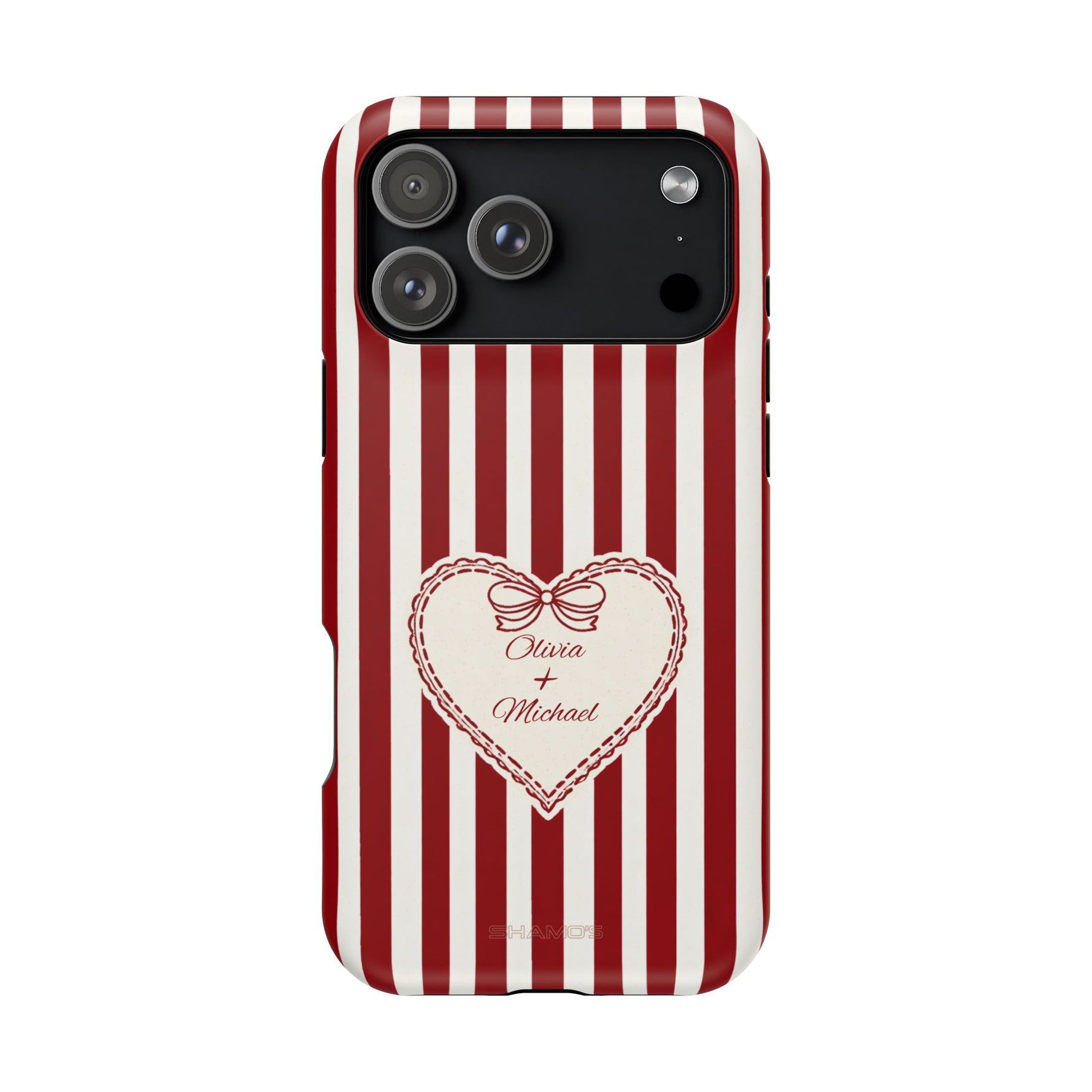 Funda personalizada a rayas — Diseño de corazón rojo y blanco (nombres personalizados)