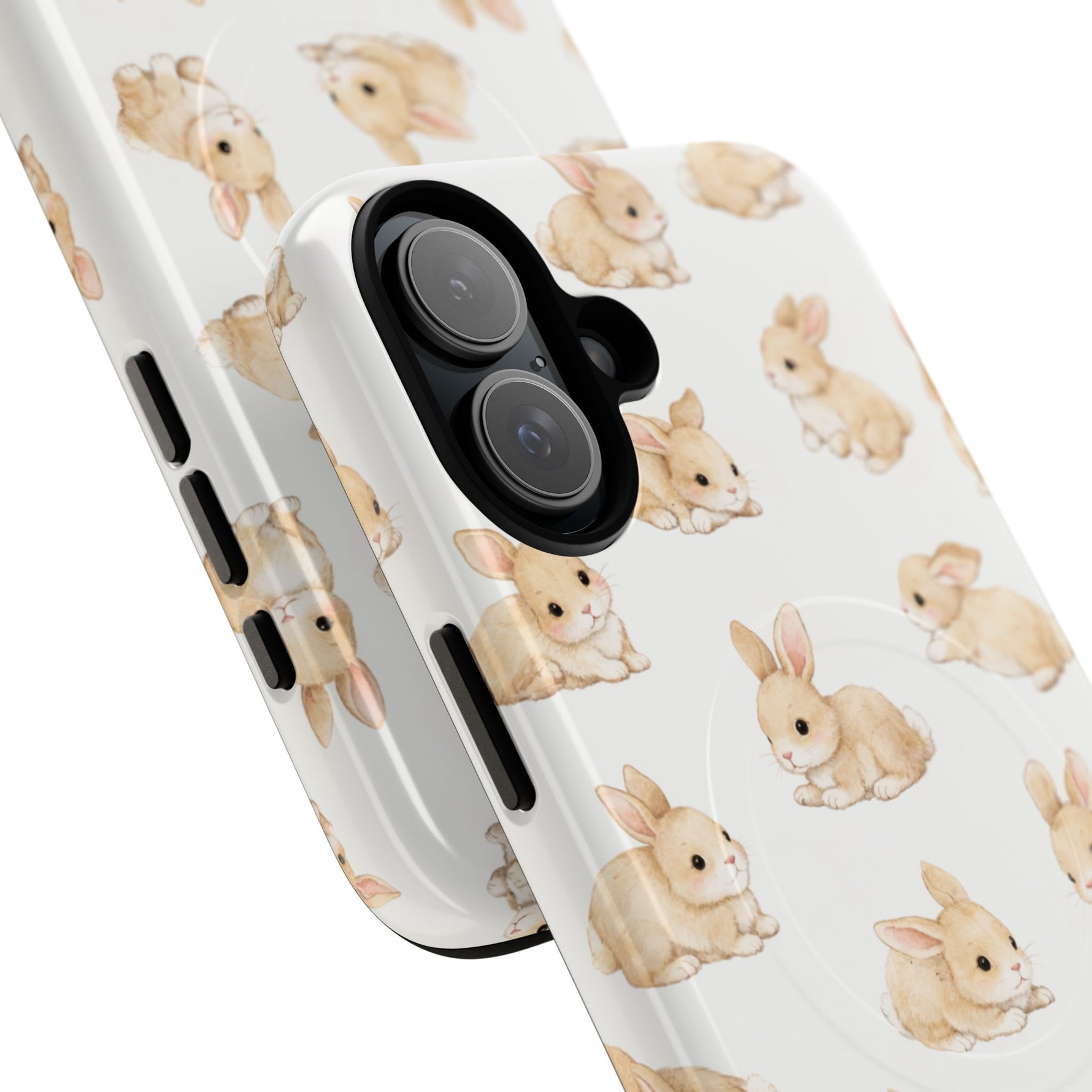 Two sizes of white phone cases with beige bunny pattern and black camera cutout buttons