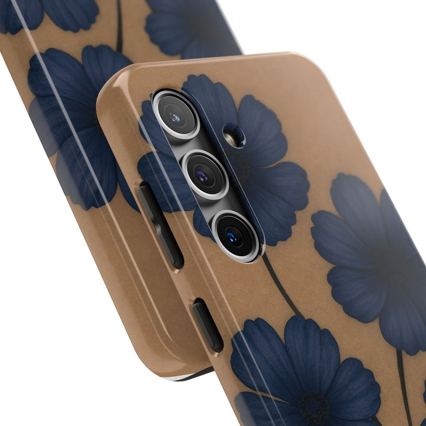 Navy Floral Tough iPhone Case — Durable Protective Case with Blue Flowers on Kraft Background