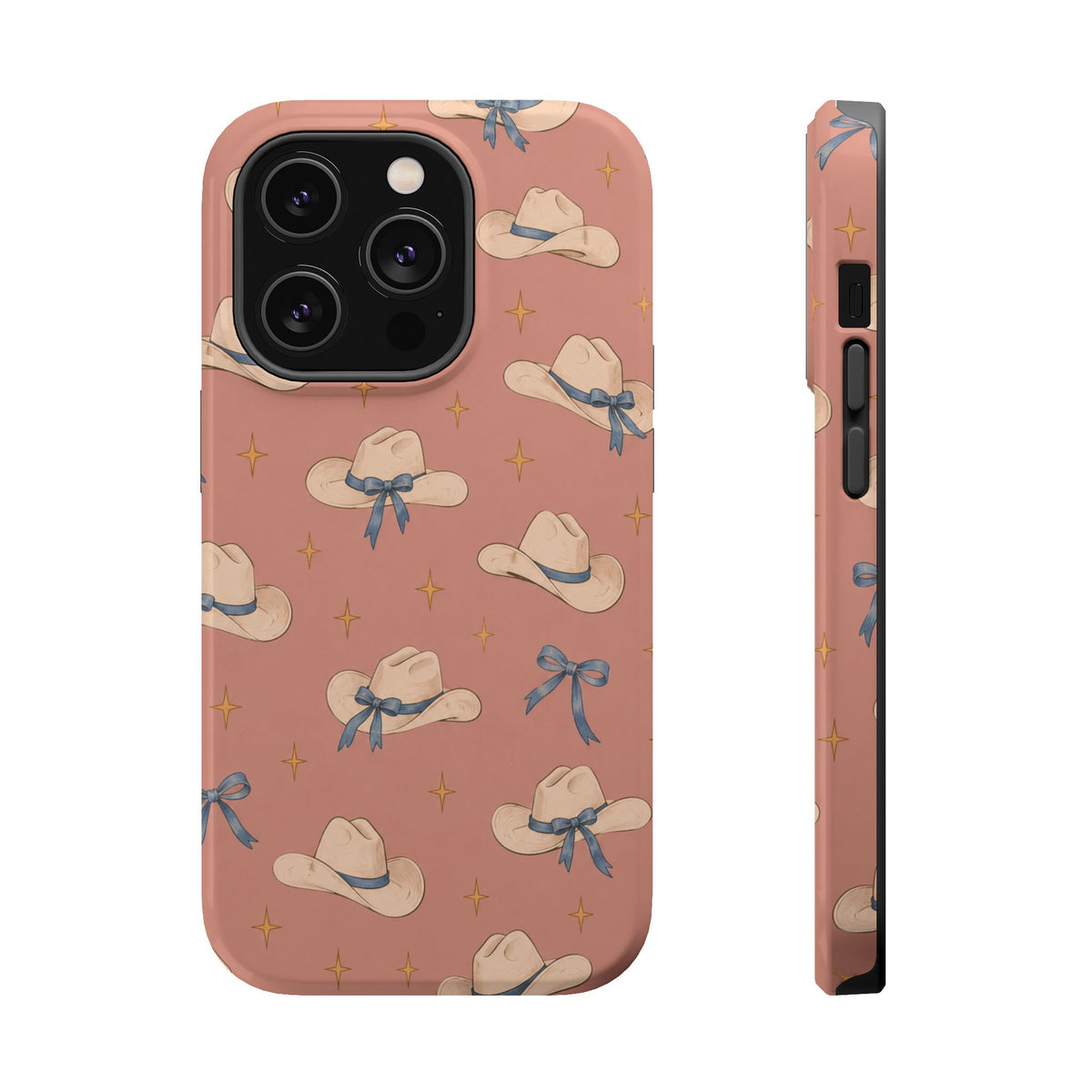 Ribbon Rodeo – Cowgirl Hat and Bow MagSafe Phone Case, Pink, glossy iPhone 14 Pro, rear and side profile
