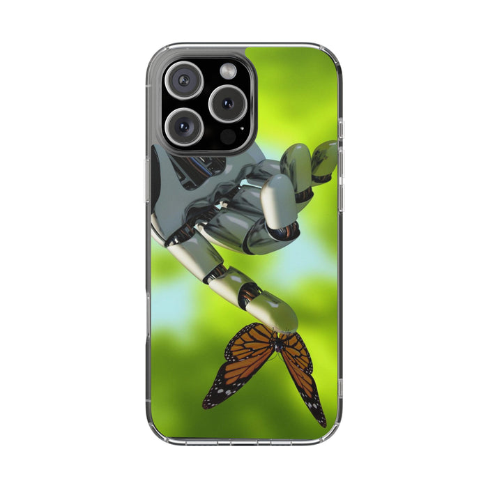 Clear Cases for iPhone 14 Series with Robotic hand and Butterfly.