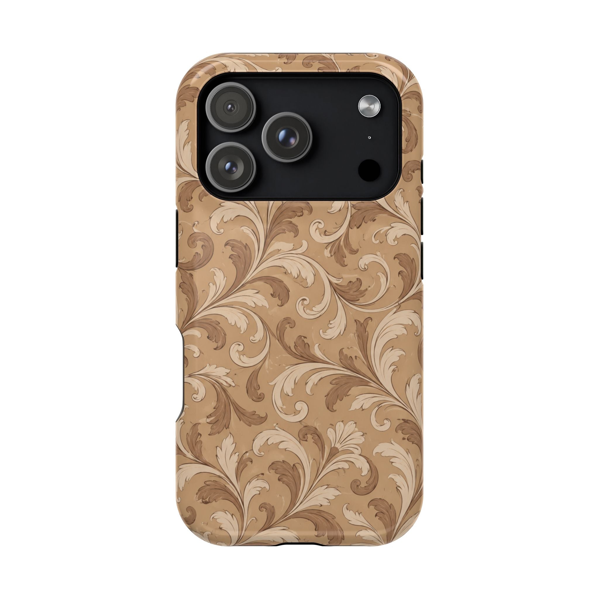 Saddle Scrolls – Tan Western Scrollwork MagSafe Phone Case, glossy iPhone 17 Pro, rear view