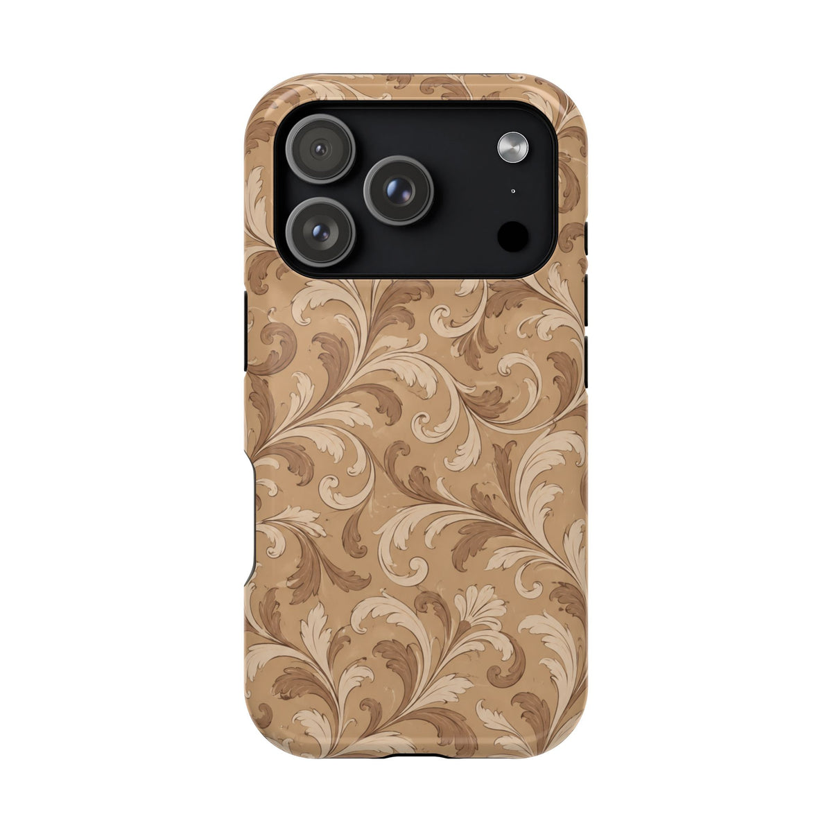 Saddle Scrolls – Tan Western Scrollwork MagSafe Phone Case, glossy iPhone 17 Pro, rear view