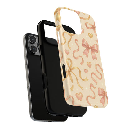 Festive Bow Charm iPhone Case — Pink & Gold Ribbon Hearts with MagSafe