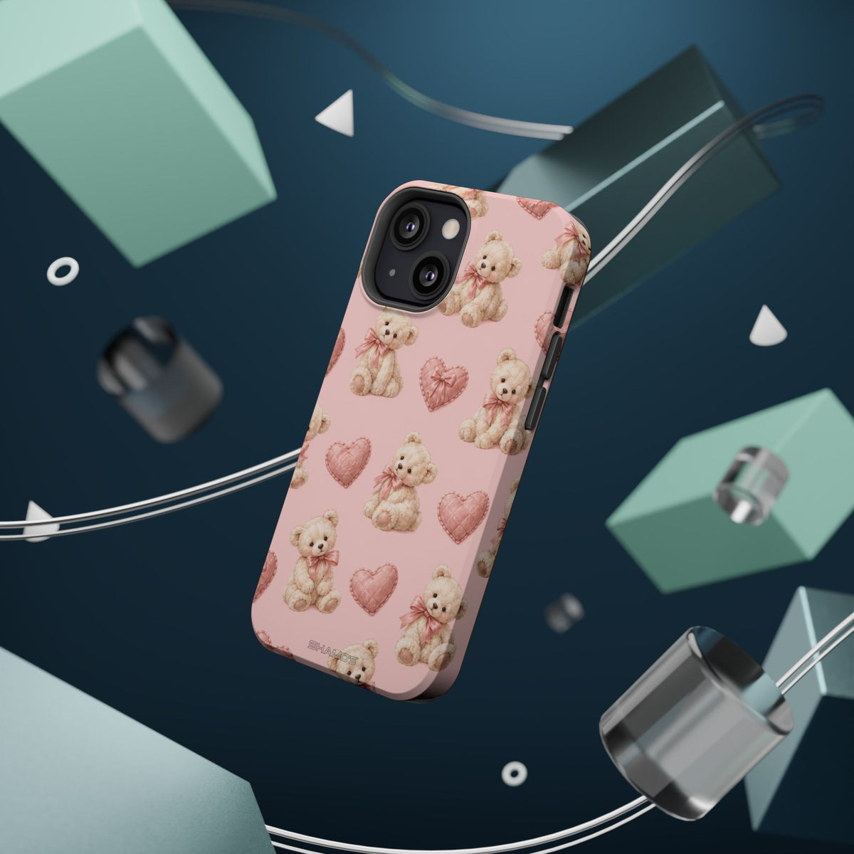 Pink Teddy Hearts Love iPhone Case, Impact-Resistant MagSafe Compatible