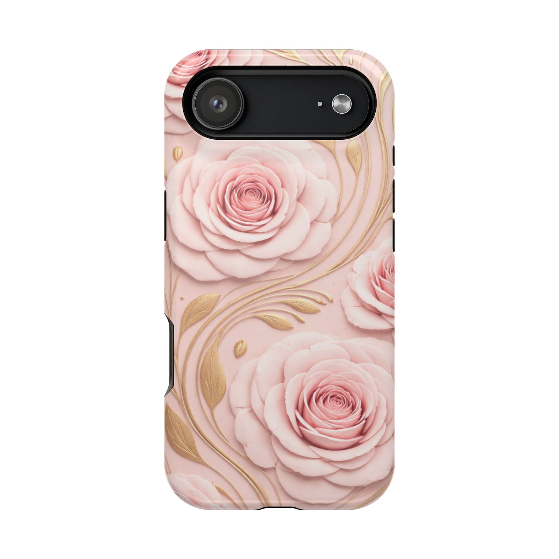 Floral Pink Rose MagSafe iPhone Case, Gold Leaf Magnetic Impact-Resistant
