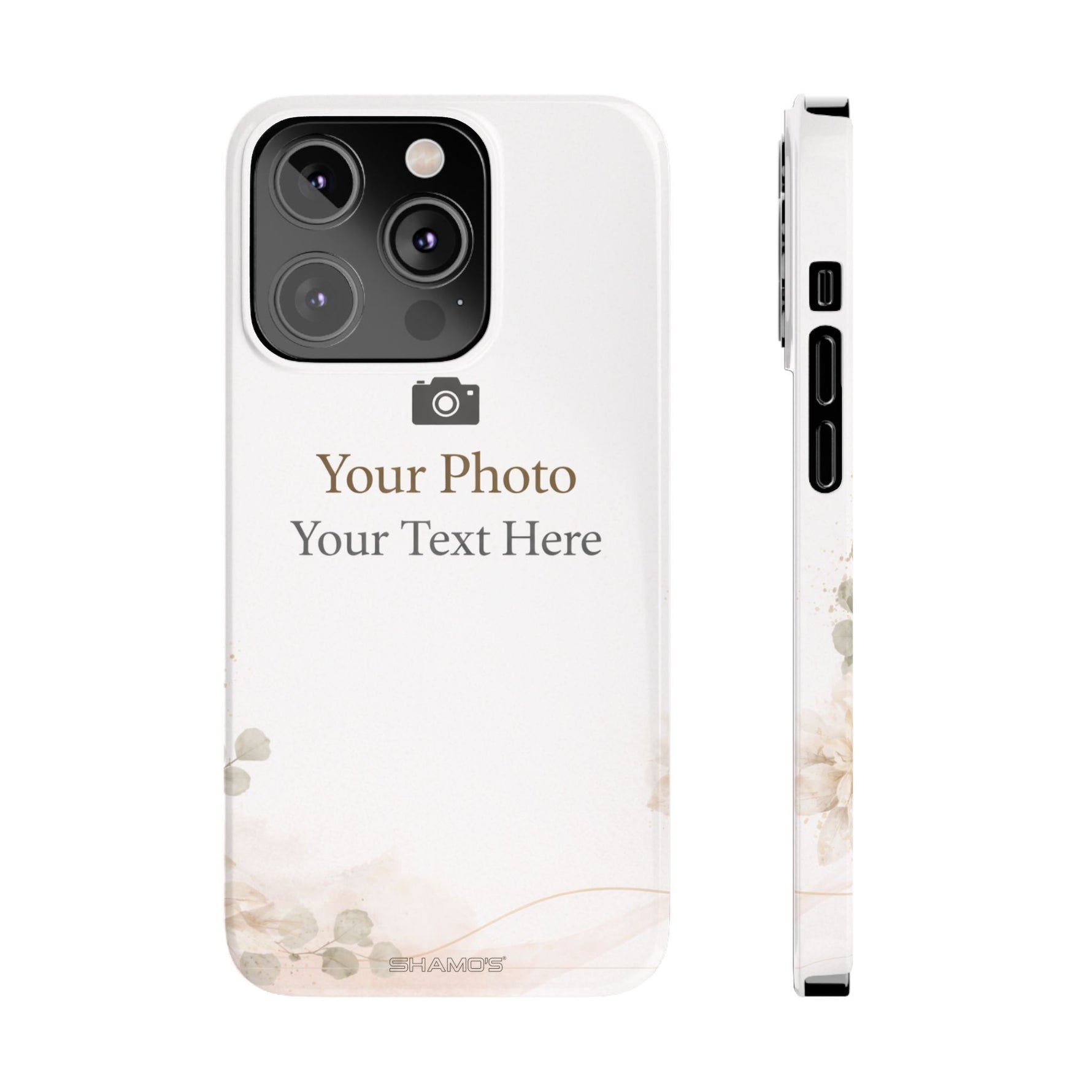 Personalized Slim Phone Case, Custom Photo & Text Minimal Floral Design - iPhone 14 Pro - Shamo's