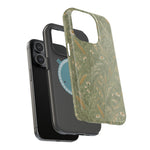 Golden Meadow – Sage Green Wildflower MagSafe Phone Case, glossy square triple-camera Pro model, exploded shell and liner with magnetic ring