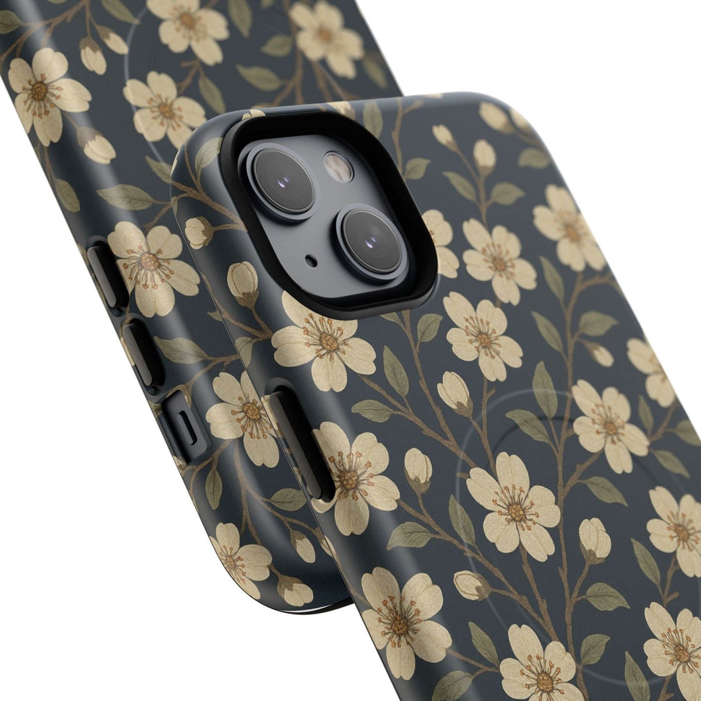 Navy Cherry Blossom Floral iPhone Case - Compatible with MagSafe
