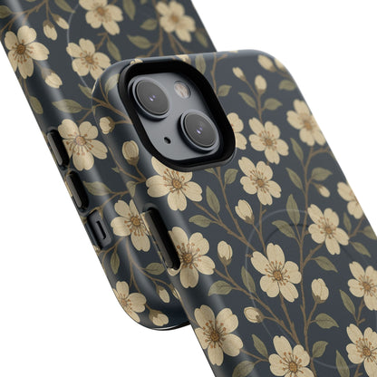 Navy Cherry Blossom Floral iPhone Case - Compatible with MagSafe