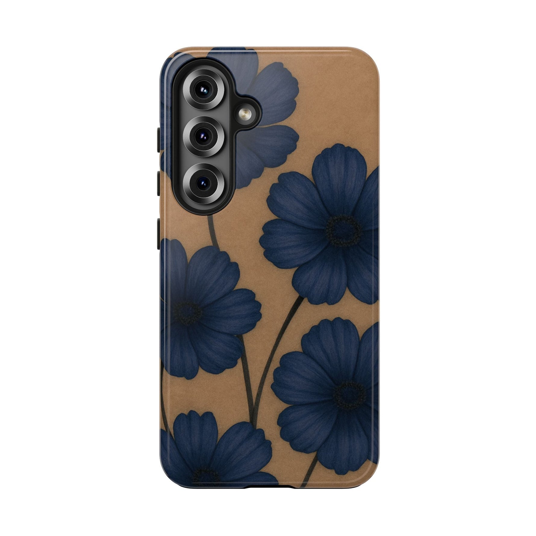 Navy Floral Tough iPhone Case — Durable Protective Case with Blue Flowers on Kraft Background  Shamo's Samsung Galaxy S25