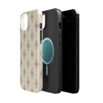 Desert Diamonds – Pastel Geometric Pattern MagSafe Phone Case, glossy diagonal dual-camera model, exploded shell and liner with magnetic ring