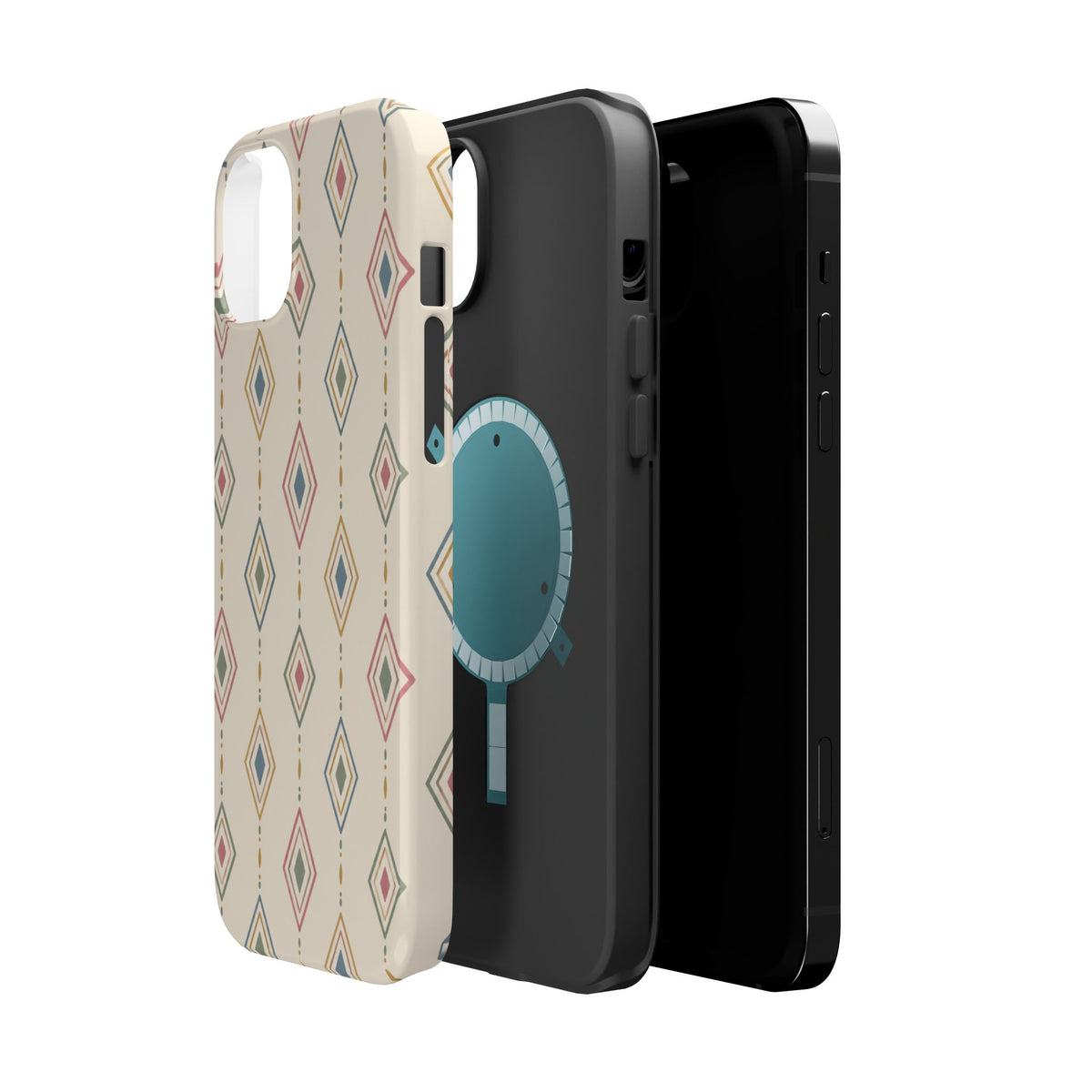 Desert Diamonds – Pastel Geometric Pattern MagSafe Phone Case, glossy diagonal dual-camera model, exploded shell and liner with magnetic ring
